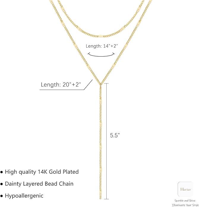 Lariat Gold Necklace for Women, Dainty Long Necklace 14k Gold Plated/Silver Y-Shaped Layered Beaded Chain Drop Necklaces for Women Trendy Simple Gold Jewelry for Women Gifts