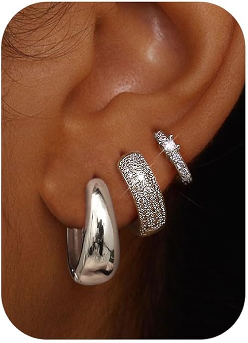 LOLIAS Small 14K Gold Plated Chunky Hoop Earrings for Women Hypoallergenic Silver Earrings Set for Sensitive Ears Non Tarnish Huggie Hoops Earring Stacks for Multiple Piercing Jewelry Lightweight 3Pairs