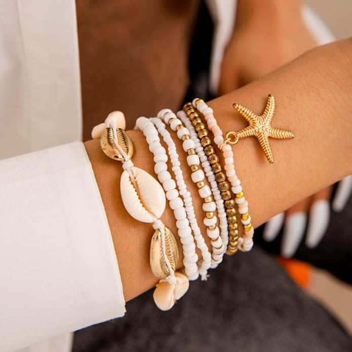 16 Pairs Starfish Jewelry Set for Women Dainty Seashell Necklace Starfish Earring Open Ring Boho Layer Charm Necklace Summer Beach Bracelets and Natural White Anklet Set Trendy Beachy Vacation Accessories Gift