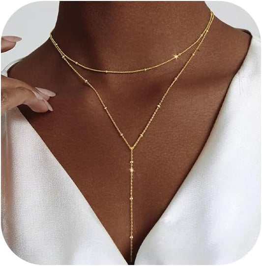 Luxval Lariat Gold Necklace for Women, Dainty Long Necklace 14k Gold Plated/Silver Y-Shaped Pendant Necklaces Trendy Beaded Chain Drop Necklaces Jewelry for Women Gifts