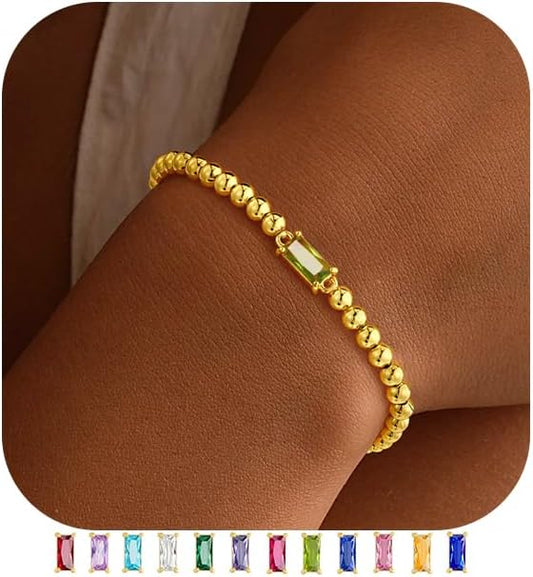 Yoosteel Dainty Birthstone Bracelet for Women - Elastic 14K-Gold-Plated Bead Bracelets Trendy Friendship Birthday Jewelry Gifts Christmas Stocking Stuffer for Women