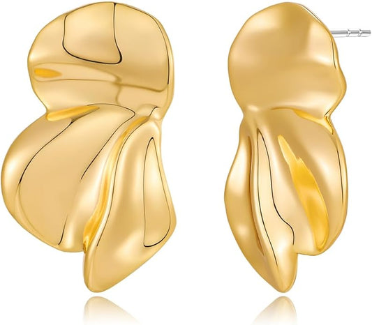 Chunky Gold Statement Earrings For Women Gold Plated Sectored Flower Leaf Shell Angel Wing Earrings Large Stud Earrings Hypoallergenic Earrings