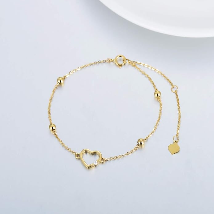 14K Solid Gold Moissanite Heart Bracelet for Women, Real Gold Love Heart Bracelets Anniversary Christmas Jewelry Gift for Her, Wife, Mom, Sister 8"
