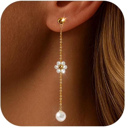 IMBOS Pearl Earrings 14k Gold Plated Daisy Flower Stud Earrings for Women Ball Stud Flat Back Earring Hypoallergenic Statement Earring Trendy Jewelry Gift for Women