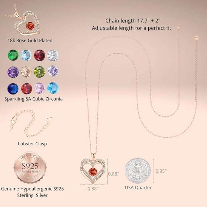 Birthstone Heart Necklace for Women Wife Girlfriend Mom Daughter Gifts S925 Silver Jewelry For Anniversary Rose Gold Gifts For Birthday Christmas Mothers Valentines Day