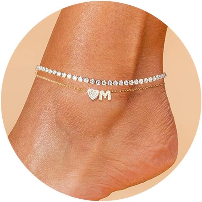 Gold Initial Ankle Bracelets for Women 14K Gold Plated CZ heart Tennis Anklets for Women Waterproof Adjustable Initial Anklets Large Ankle Summer Beach Foot Jewelry