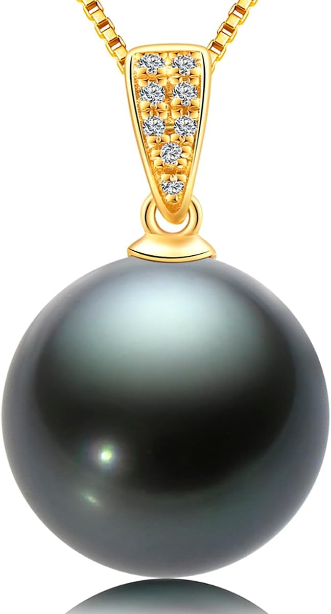 DENGGUANG 18K Gold Natural Black Pearl Pendant Necklace Pendant with Diamond 10-11mm Genuine Tahitian Cultured Round Pearls Jewelry Gifts for Women with 18" Silver Chain