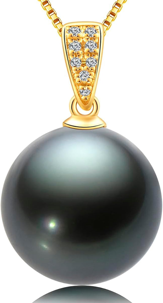 DENGGUANG 18K Gold Natural Black Pearl Pendant Necklace Pendant with Diamond 10-11mm Genuine Tahitian Cultured Round Pearls Jewelry Gifts for Women with 18" Silver Chain
