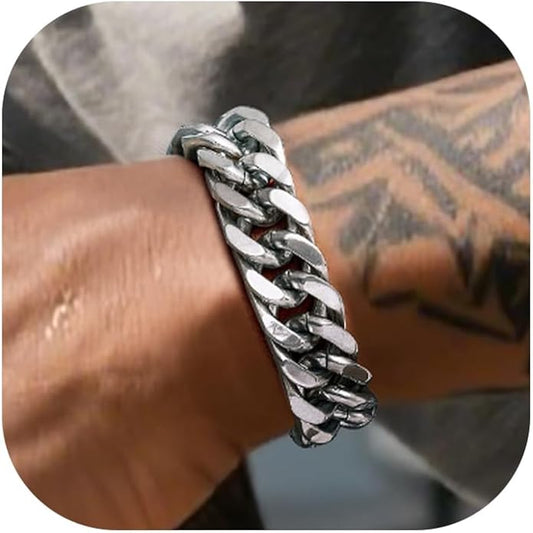 Richsteel Cuban Link Chain Bracelets 8/12/17mm Width Stainless Steel Chain Wrist Bracelets for Men, 7.4/8.2/9 Inch Length Classic Jewelry for Christmas/Valentine's Day/Birthday