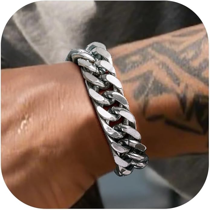 Richsteel Cuban Link Chain Bracelets 8/12/17mm Width Stainless Steel Chain Wrist Bracelets for Men, 7.4/8.2/9 Inch Length Classic Jewelry for Christmas/Valentine's Day/Birthday