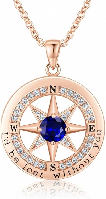 Compass Necklace for Women Wife Girlfriend Mom Daughter Gifts S925 Silver Jewelry For Anniversary Rose Gold Gifts For Birthday Christmas Mothers Valentines Day 12 Birthstones