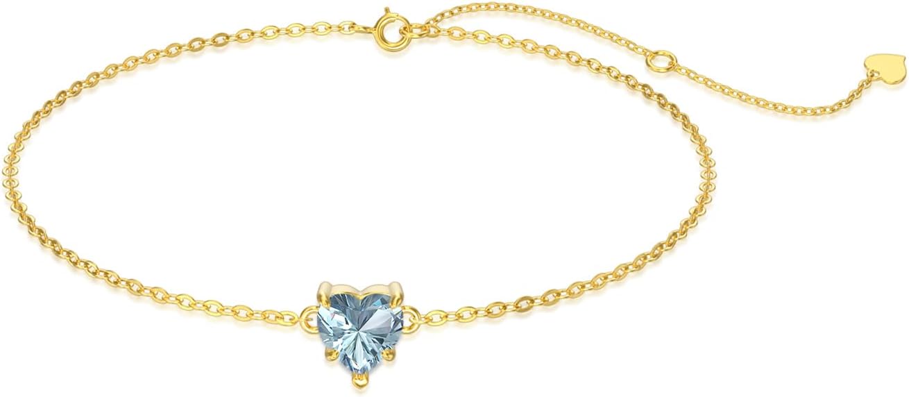 14k Gold Love Heart Gemstone Bracelet for Women,7MM Heart-cut Created Birthstone Anniversary Birthday Mother's Day Bracelets Jewelry for Mom Her 6.5''+2''