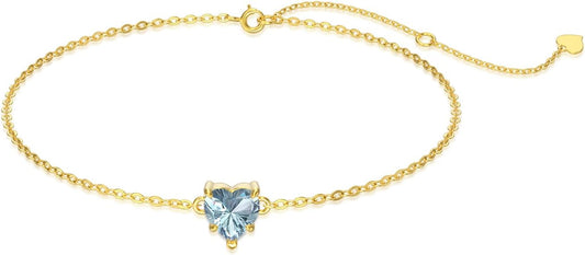 14k Gold Love Heart Gemstone Bracelet for Women,7MM Heart-cut Created Birthstone Anniversary Birthday Mother's Day Bracelets Jewelry for Mom Her 6.5''+2''