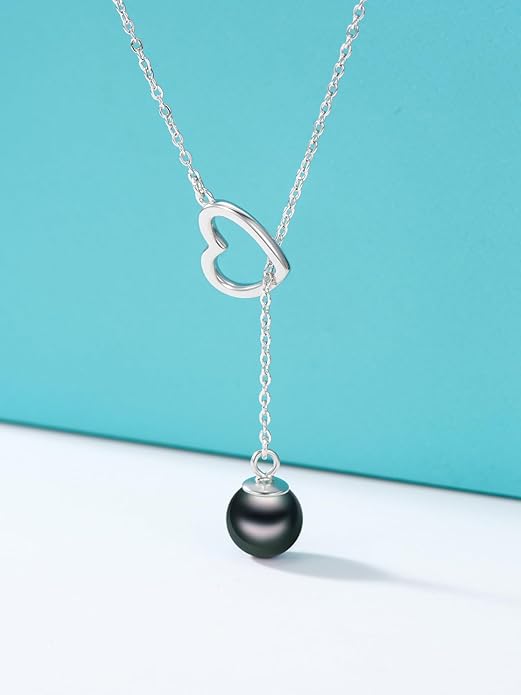 KANNSOAR Tahitian Black Pearl AAAA 18K White Gold Plated Sterling Silver Heart Pendant Y Necklace for Wedding Anniversary Birthday Graduation Jewelry Gift for Women Wife Mom Girlfriend