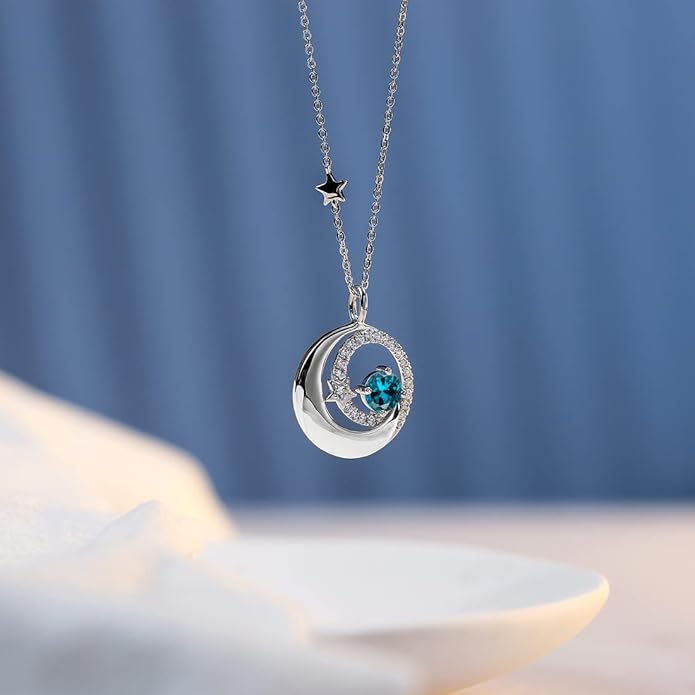 FANCIME Birthstone Necklaces 925 Sterling Silver Moon and Star Pendant Fine Jewelry Birthday Christmas Gifts for Mom Wife Her Daughter, Adjustable Chain 16+2"