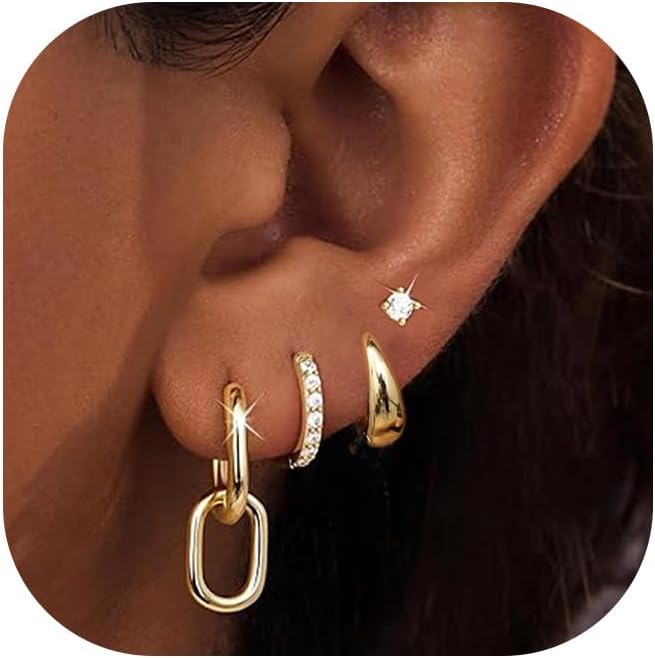 Small Gold Hoop Earrings Set for Women, 14K Gold Plated Lightweight Earrings Sets for Multiple Piercing, Hypoallergenic Huggie Gold Hoops Earrings for Women Jewelry