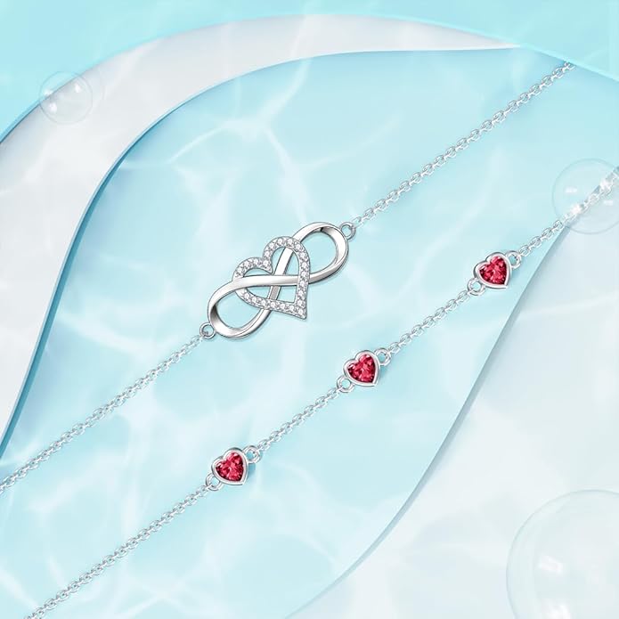 Dorunmo 925 Sterling Silver Infinity Heart Birthstone Anklet Bracelets for Women Best Mother's Day Birthday Jewelry for Wife Girlfriend Mom Her
