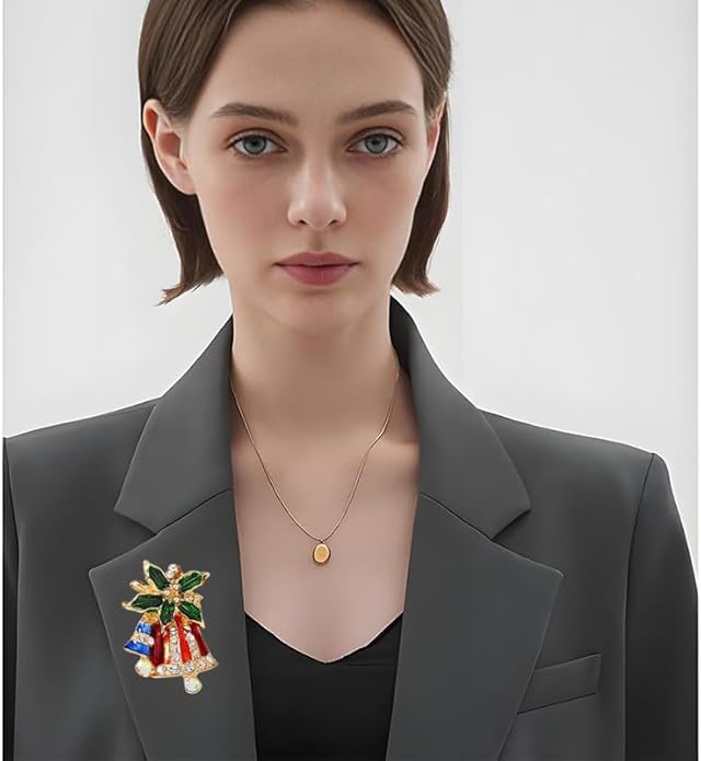 ONLYJUMP Christmas Bell Brooch Pins for Women Girls Lovely Crystal Christmass Tree Snowflake Bell Reindeer Snowman Brooches Colorful Xmas Enamel Pins Holiday Party Gift