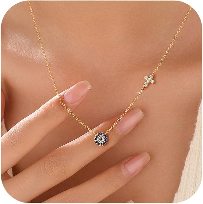 SUYACS Gold Evil Eye Necklaces for Women 925 Sterling Silver Small Cross Pendant Necklace Blue Cubic Zirconia Eye Charm Chain Christian Baptism Religious Faith Jewelry Christmas Gifts for Mom