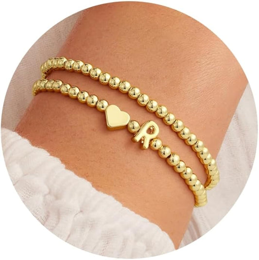 Ursteel Initial Heart Bracelet for Women - Dainty 14K Gold Plated Beaded Bracelets for Women Trendy Letter A-Z Heart Jewelry Personalized Gifts