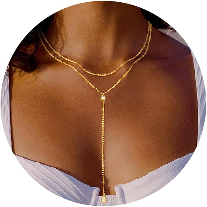 Lariat Long Necklace for Women Trendy Layered Y Necklace Dainty Pendant Drop Dangle Necklace Y-Shaped Necklace Simple CZ Necklace for Women Jewelry