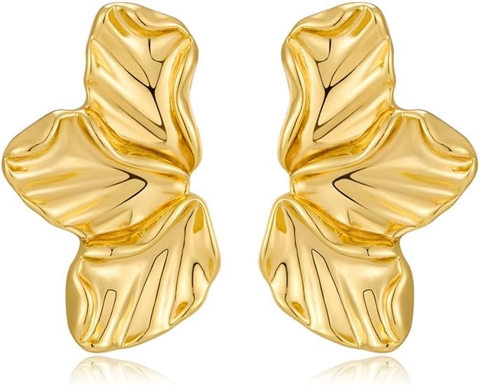 Chunky Gold Statement Earrings For Women Gold Plated Sectored Flower Leaf Shell Angel Wing Earrings Large Stud Earrings Hypoallergenic Earrings