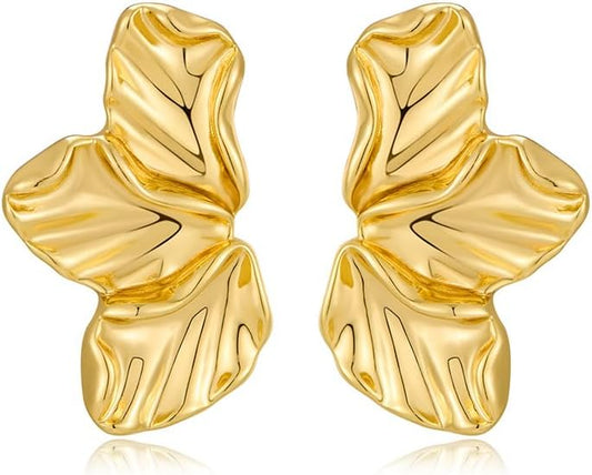 Chunky Gold Statement Earrings For Women Gold Plated Sectored Flower Leaf Shell Angel Wing Earrings Large Stud Earrings Hypoallergenic Earrings