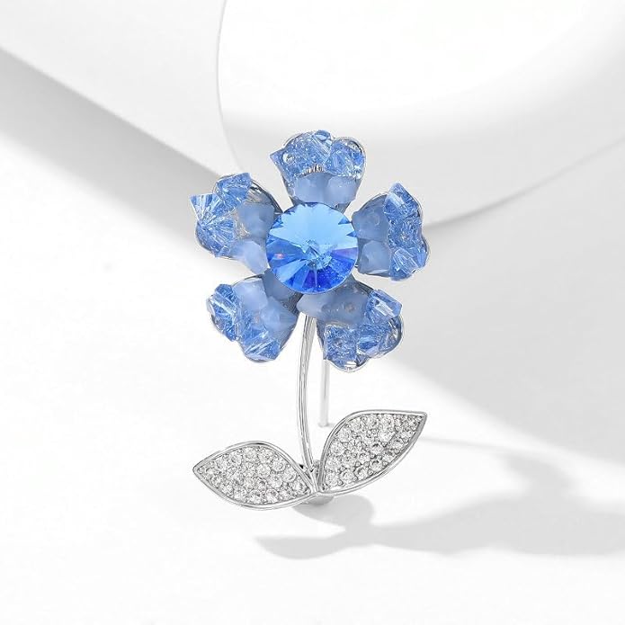 14K Gold Purple/Blue/White Flower Brooch for Women, Small Suit Outerwear Decoration, Crystal Gemstone Brooch for Her