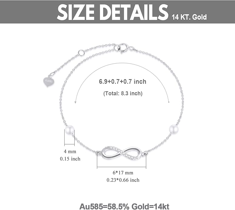 SISGEM 14k Gold Diamond Infinity Bracelet for Women, Real Gold Pearl Love Jewelry Gifts for Wife, Present for Her, 6.9"-8.3"