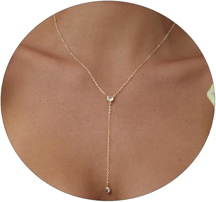 Gold Y Necklace for Women 14K Gold Plated Y-Shaped Drop Necklaces CZ Long Necklace Cubic Zirconia Pendant Layered Long Lariat Necklace Women Jewelry