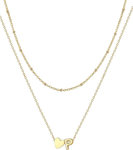 FOCALOOK Layered Initial Necklace for Women, 14K Gold Plated Choker Necklaces Stacks with Initial A-Z, Dainty Silver Heart Pendant Necklace Personalized Birthday Women Jewelry