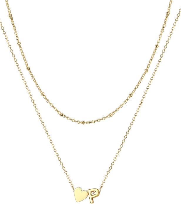 FOCALOOK Layered Initial Necklace for Women, 14K Gold Plated Choker Necklaces Stacks with Initial A-Z, Dainty Silver Heart Pendant Necklace Personalized Birthday Women Jewelry