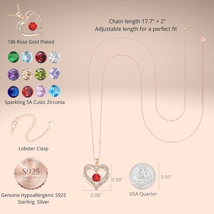 Birthstone Heart Necklace for Women Wife Girlfriend Mom Daughter Gifts S925 Silver Jewelry For Anniversary Rose Gold Gifts For Birthday Christmas Mothers Valentines Day