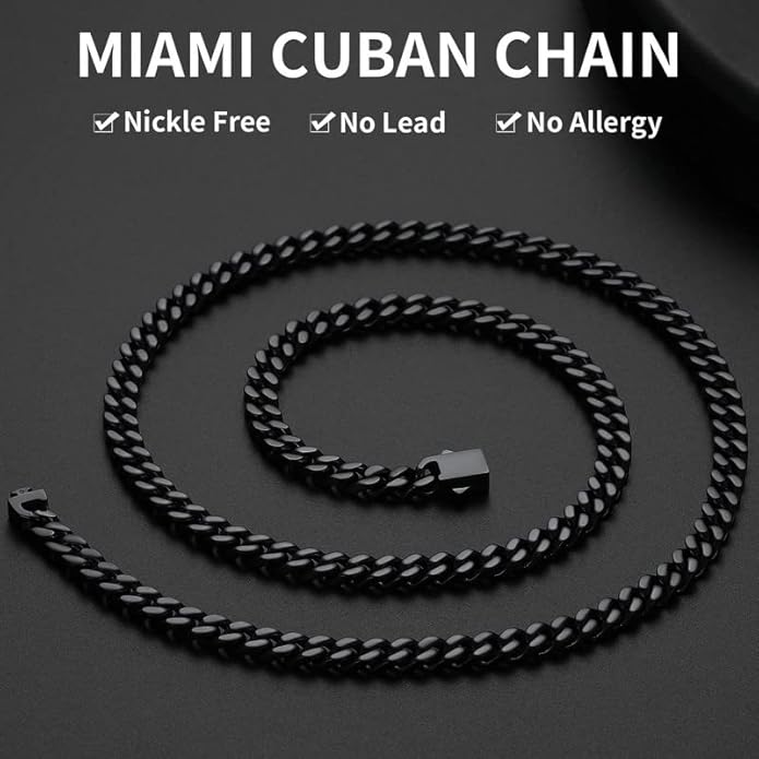 ChainsHouse Stainless Steel Mens Cuban Link Chain, Black/ 18K Gold Plated Miami Cuban Chain Necklace, 5mm/7mm/9mm/12mm/14mm Width, No Tarnish& Durable Hip Hop Mens Jewelry, 18"-30", Send Gift Box