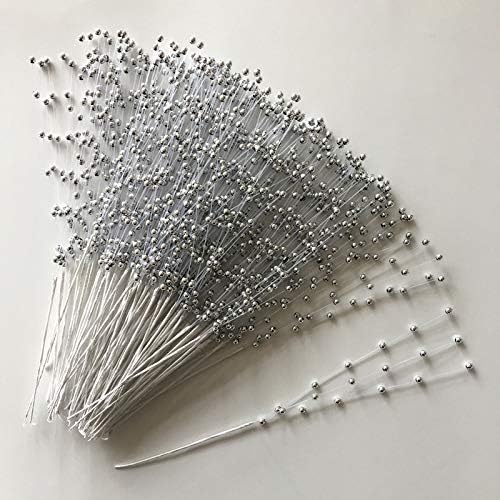 100 Pieces String Pearls Sticks, BetterJonny 3mm Beads String Creative Pearl Flower Stem Bead Sticks Pearl Beaded Stems DIY Floral Bead Strands for Party Decoration (Silver)