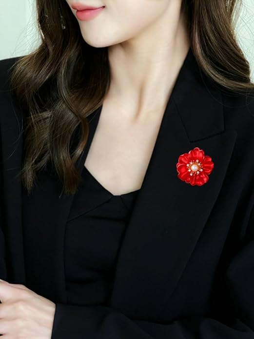 14K Gold Peony Flower Brooch with Freshwater Pearls - Elegant Red Rose Inspired Pin, Ideal for Formal & Bridal Wear, Unique Gift for Her