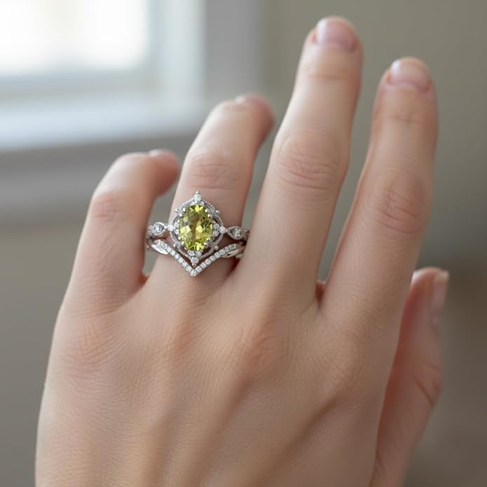 Oval Cut Vintage Gemstone Engagement Rings set for Women S925 Sterling Silver/10K/14K/18K Gold Birthstone Promise Anniversary Bridal Set Ring for her