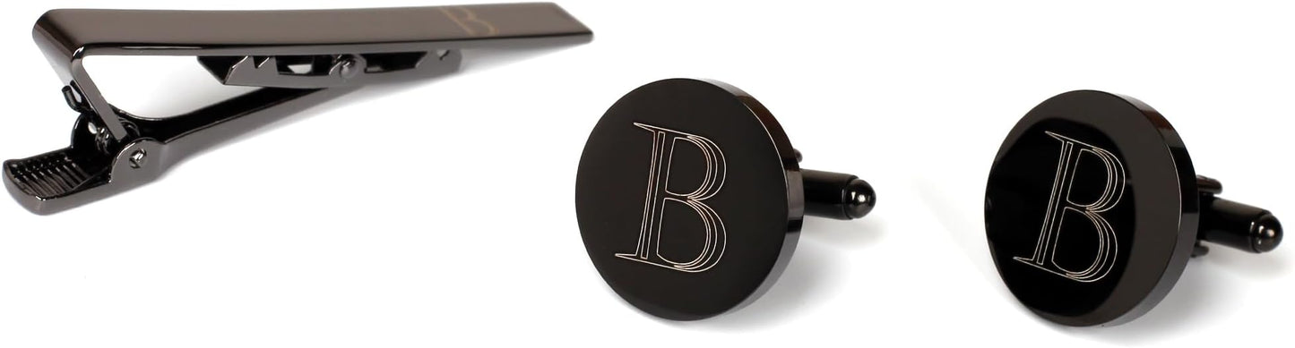 Mens Initial Cufflinks and Tie Clip A-Z Alphabet Letter Black Stainless Cuff Links Tie Bar with Engraved Walnut Wood Box Groom Groomsman Wedding Set