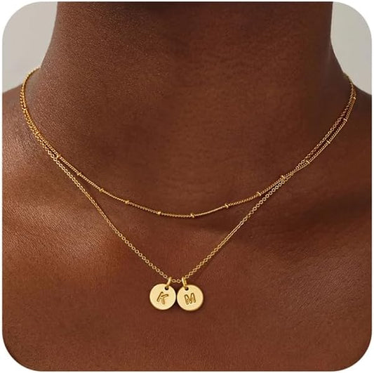 Turandoss Gold Initial Necklaces for Women - Dainty 14K 14K-Gold-Plated Layered Two Letter A-Z Stack Disc Initial Necklace Trendy, Birthday Personalized Gifts for Women Teen Girls Jewelry