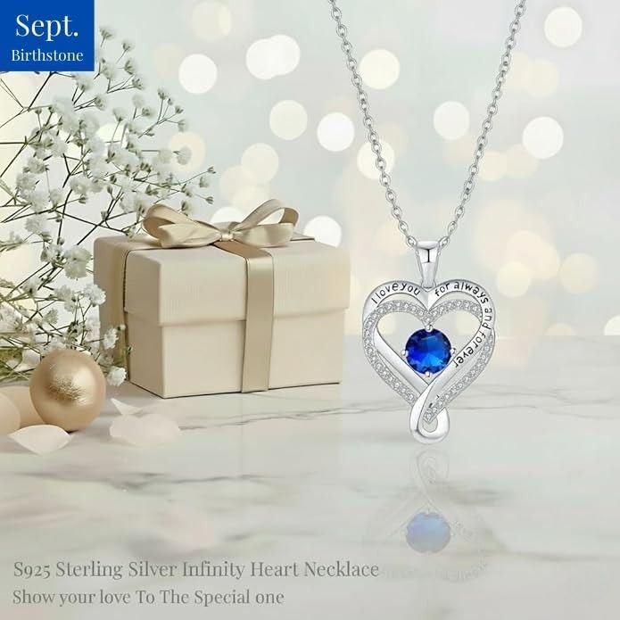 Birthstone Infinity Heart Necklace for Women Wife Girlfriend Mom Daughter Gifts S925 Silver Jewelry For Anniversary Rose Gold Gifts For Birthday Christmas Mothers Valentines Day