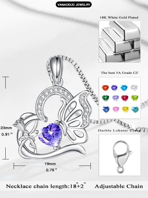 Birthstone Heart butterfly Necklace for Women, Infinity Pendant 14K Gold /18K White Gold Womens Necklaces, Jewelry Anniversary Birthday Christmas Gifts for Her Mom Wife﻿