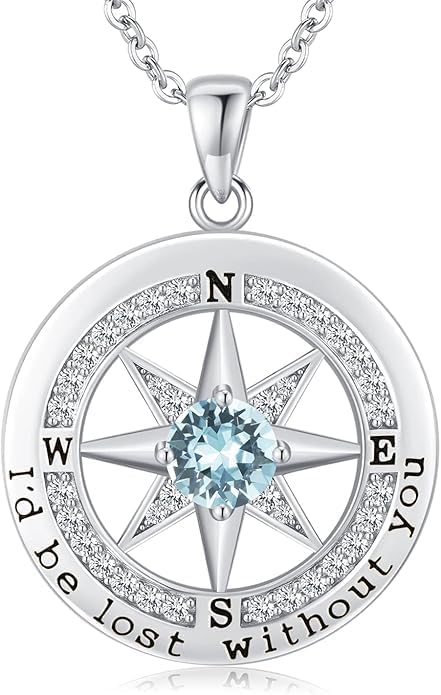 Compass Necklace for Women Wife Girlfriend Mom Daughter Gifts S925 Silver Jewelry For Anniversary Rose Gold Gifts For Birthday Christmas Mothers Valentines Day 12 Birthstones