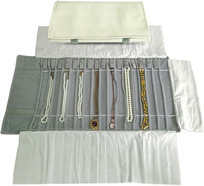 SCIKHEFT Portable Jewelry Roll Untangled Secure Necklace Travel Storage Bag Displays Holder 16 Chain (Gray PU and Gray Velvet)