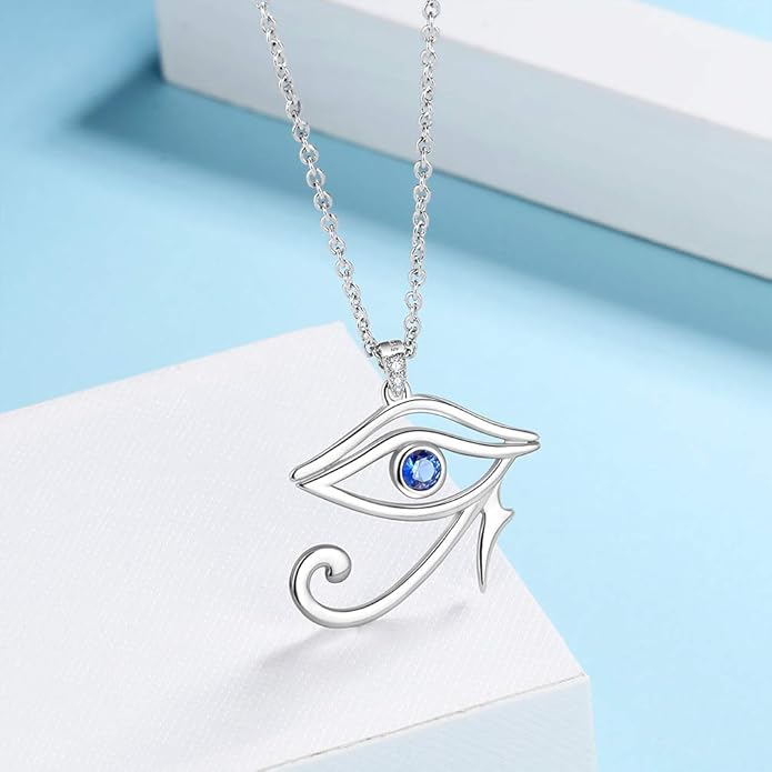 Jewmon Egyptian Eye of Horus Necklace for Women 925 Sterling Silver Blue Eye Pendant Necklace Horus Eye of Ra Necklace Ancient Egyptian Jewelry for Women