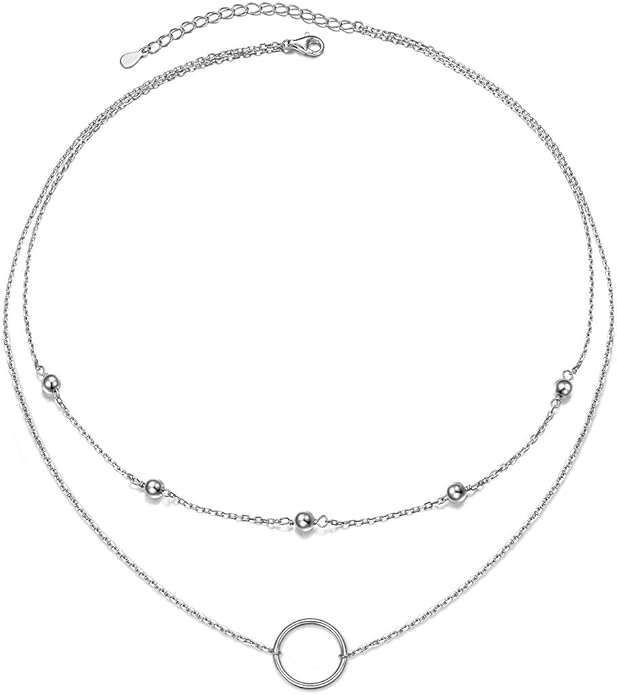 Layered Necklaces for Women S925 Sterling Silver Chokers Necklace for Women Circle/Heart/Double Circle/Cross/Star/Evil Eye Necklace Handmade Bead Necklaces Adjustable