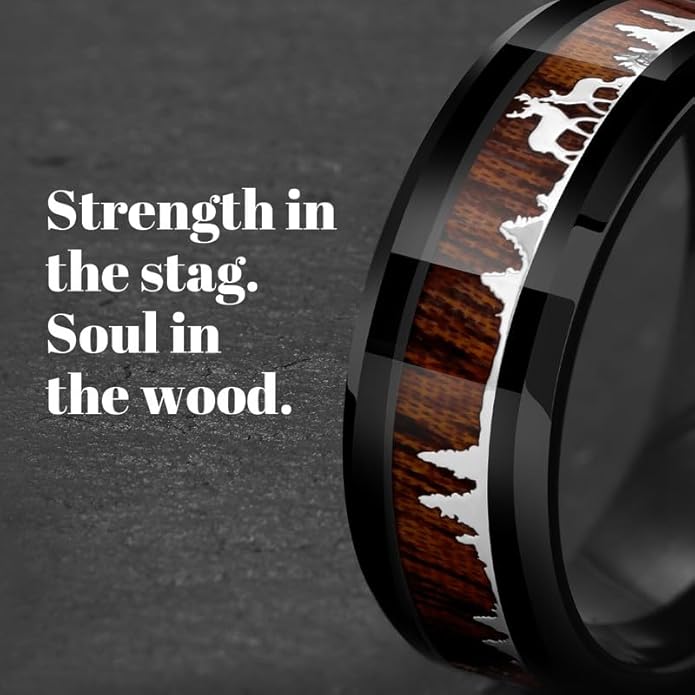 Mens Wedding Band Tungsten Rings: 8mm Black Tungsten Rings for Men Wood Wedding Ring Band for Man - Silver Ring for Men Wedding Bands for Women Wood Promise Rings for Him