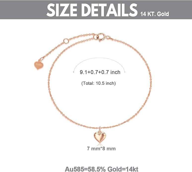 SISGEM Real 14k Gold Puff Heart Anklet for Women, Love Ankle Bracelet Foot Jewelry Gifts for Her, 9+1+1 Inch