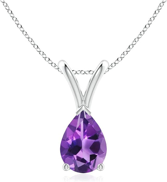 Angara Natural Amethyst Solitaire Pendant for Women | V-Bale Pear-Shaped Amethyst Solitaire Pendant in 14K Solid Gold/Silver/Platinum | February Birthday, Anniversary, Gemstone Jewellery Gift