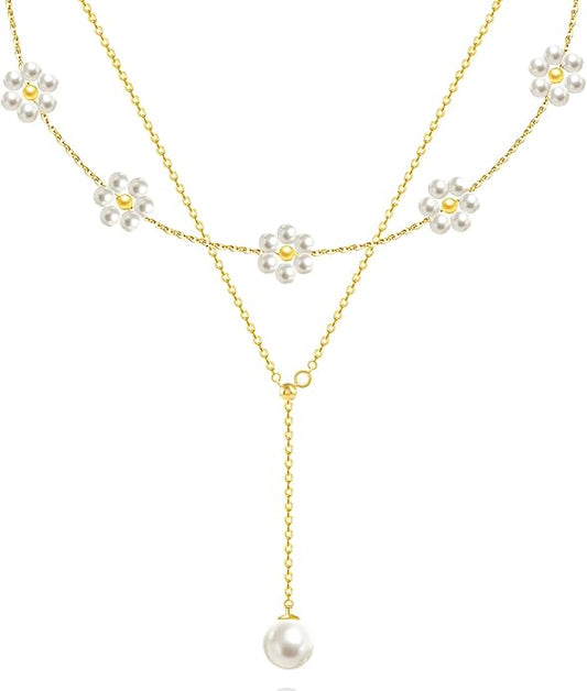 OGD Gold Pearl Necklaces Set for Women 14K Gold Plated Dainty Layered Pearl Cute Daisy Pearl Choker Gold Necklace Gifts for Women Gold Trendy Jewelry Gifts