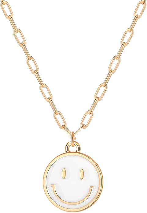 Smile Pendant Necklace Smile Face Chain Necklace Paperclip Necklace Cute Round Pendant Necklace Preppy Jewelry for Women Girls